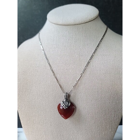 925 Sterling Silver Red Glass Scrolls Heart Shaped Pendant Necklace Vintage,READ - Picture 4 of 10